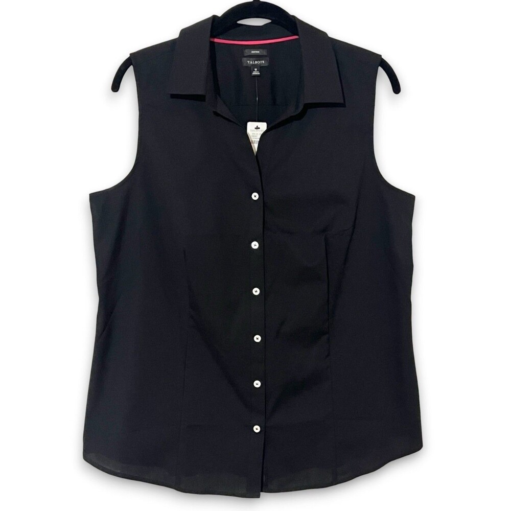 Talbots Black Non-Iron Sleeveless Button Down Blouse Business Casual Sz 12 NEW